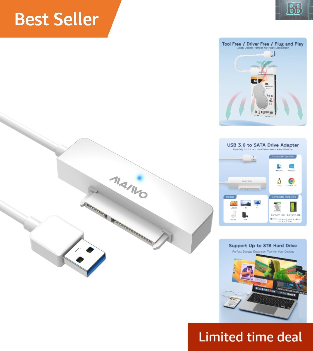 Compact SATA to USB Adapter - 5Gbps Tool-free Converter for SSD/HDD - White