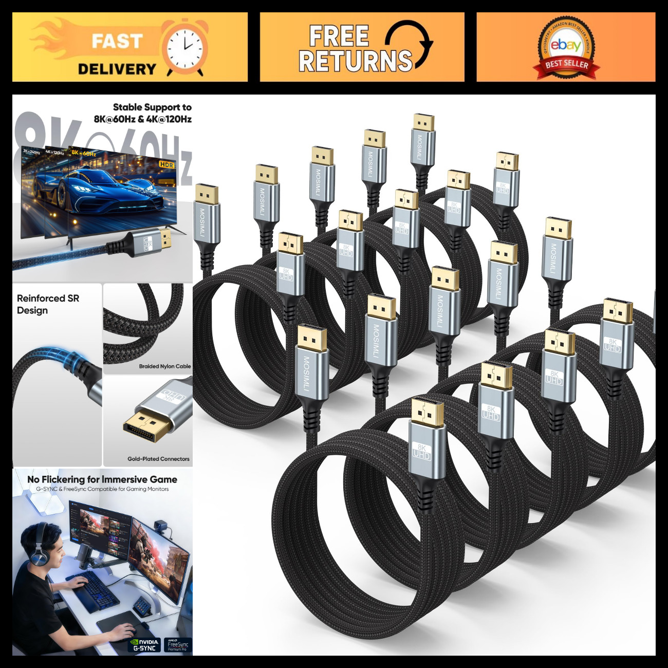 6FT DisplayPort 1.4 Cable - 10-Pack, 8K@60Hz, High-Speed 32.4Gbps, Ultra HD