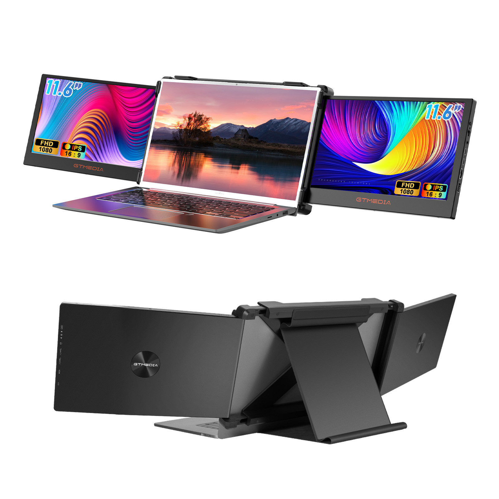 Dual Portable Triple Fold 1080P IPS Monitor Screen Extender For 13-17.3" Laptops