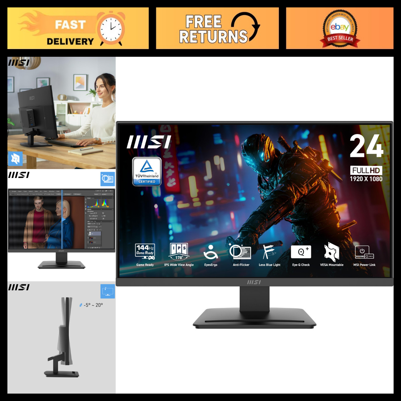 24" FHD Gaming Monitor, 144Hz, IPS, FreeSync, HDR, HDMI/VGA, VESA Mount, Tilt