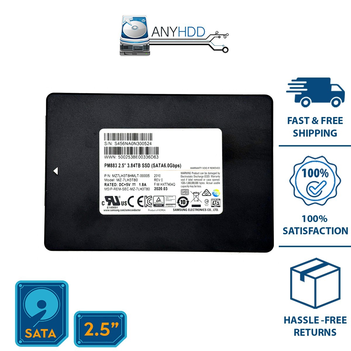 Samsung 3.84TB SSD SATA – MZ-7LH3T80 - PM883 MZ7LH3T8HMLT – 6Gb/s 2.5"