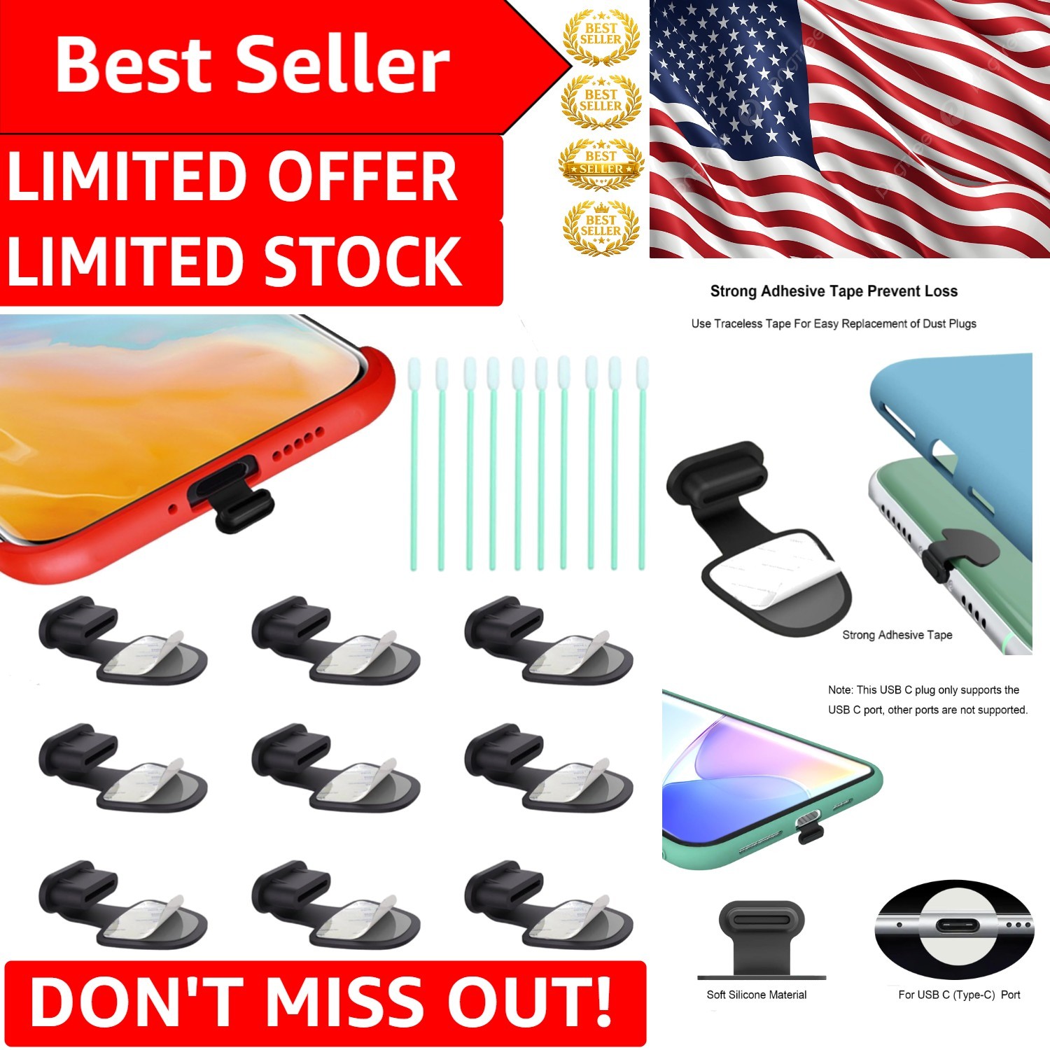 Ultra-Thin USB C-Type Dust Plugs with Strong Adhesive - Mobile Protection