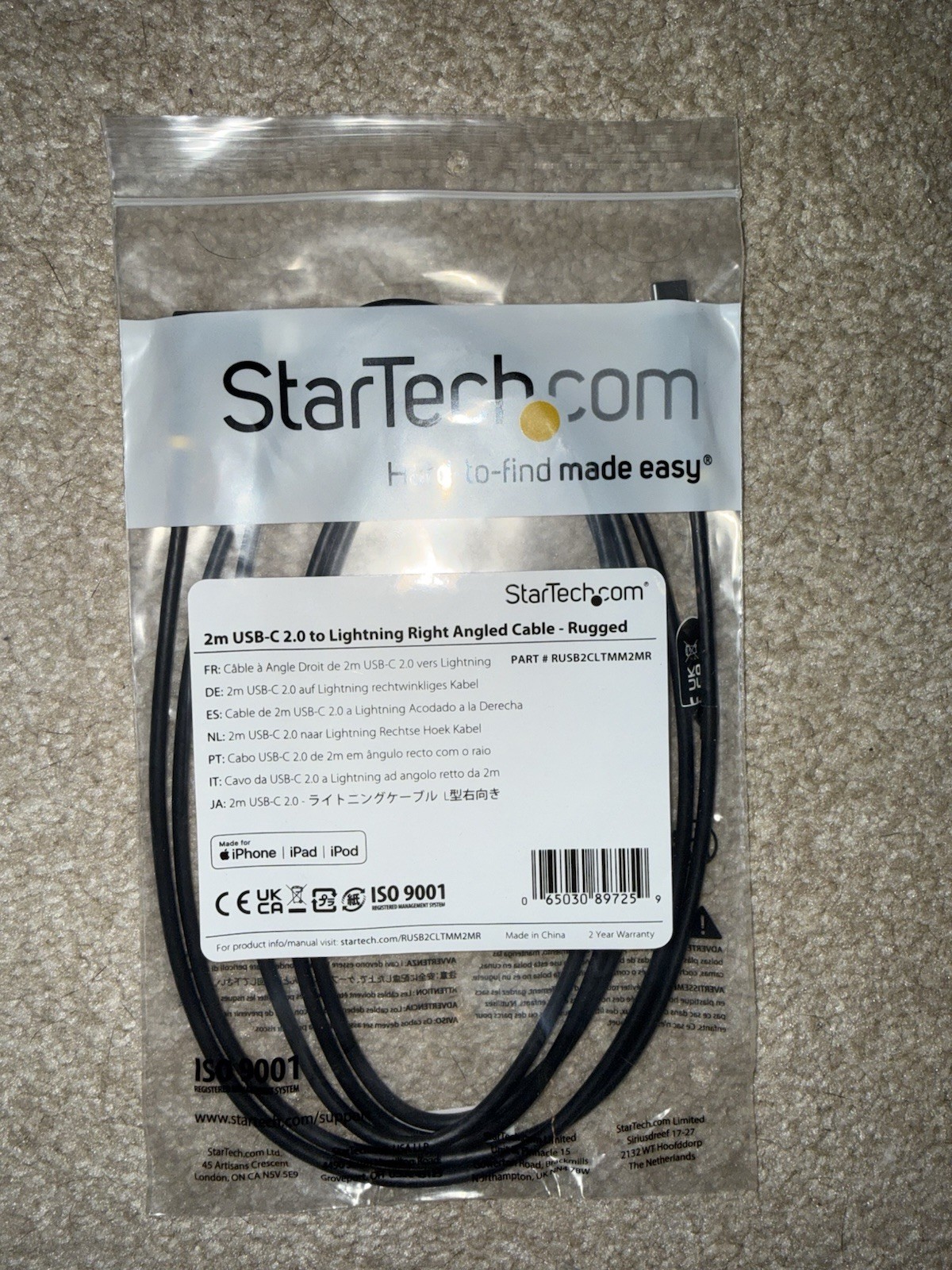 StarTech.com 6ft (2m) Durable USB-C to Lightning Right Angled Cable Rugged
