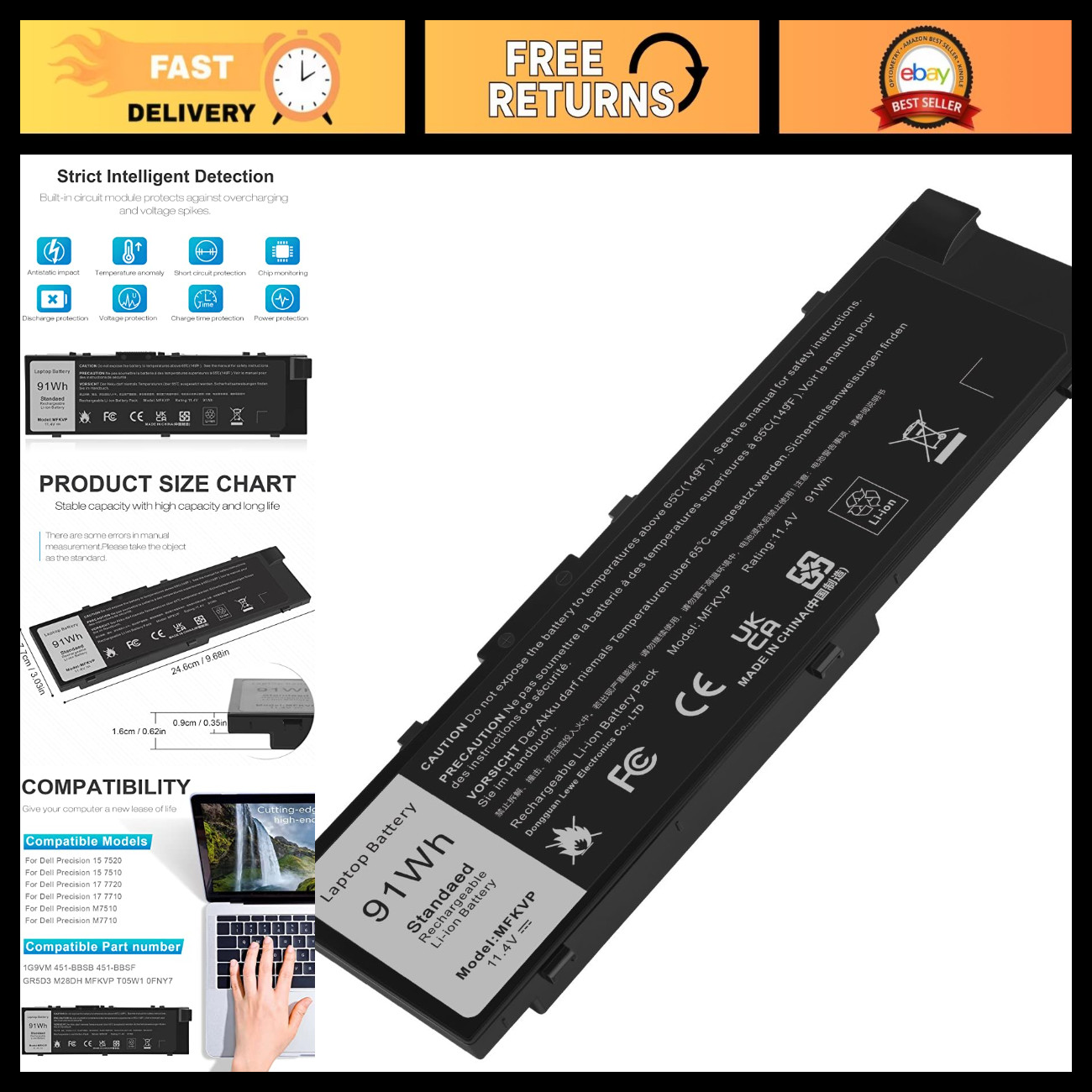 High-Capacity Laptop Battery for Dell Precision 15/17 Series 451-BBSF 91Wh 11.4V