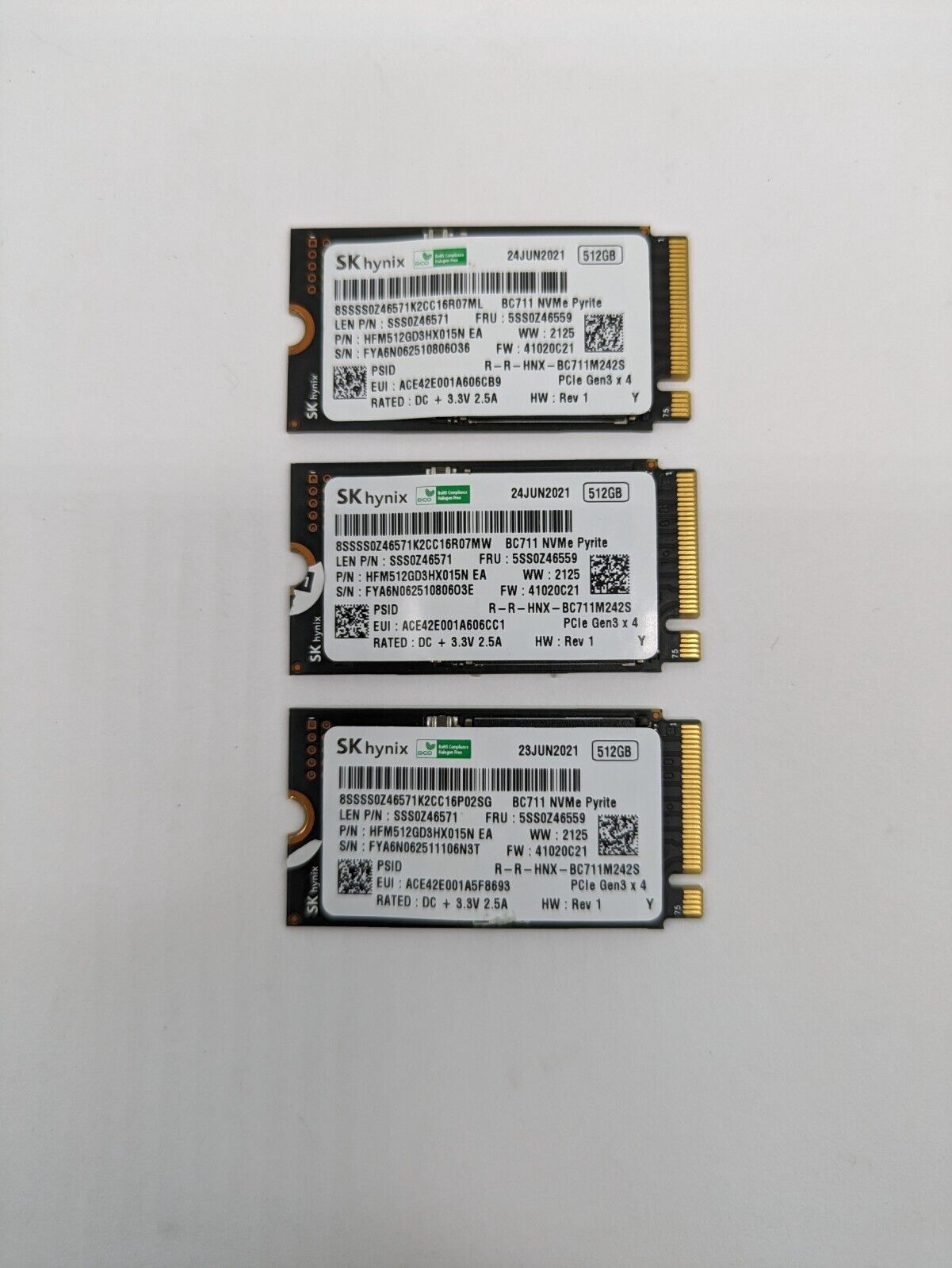 Lot of 3 SK Hynix  512GB M.2 NVMe Solid State Drive P/N - HFM512GD3HX015N