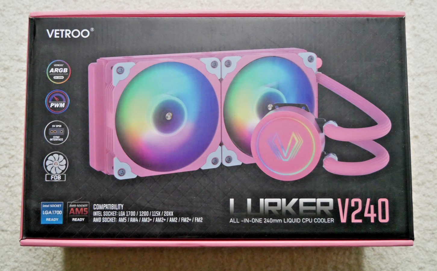 VETROO Lurker V240 Pink 240mm AIO Liquid CPU Cooler ARGB AM5 LGA 1700 NEW