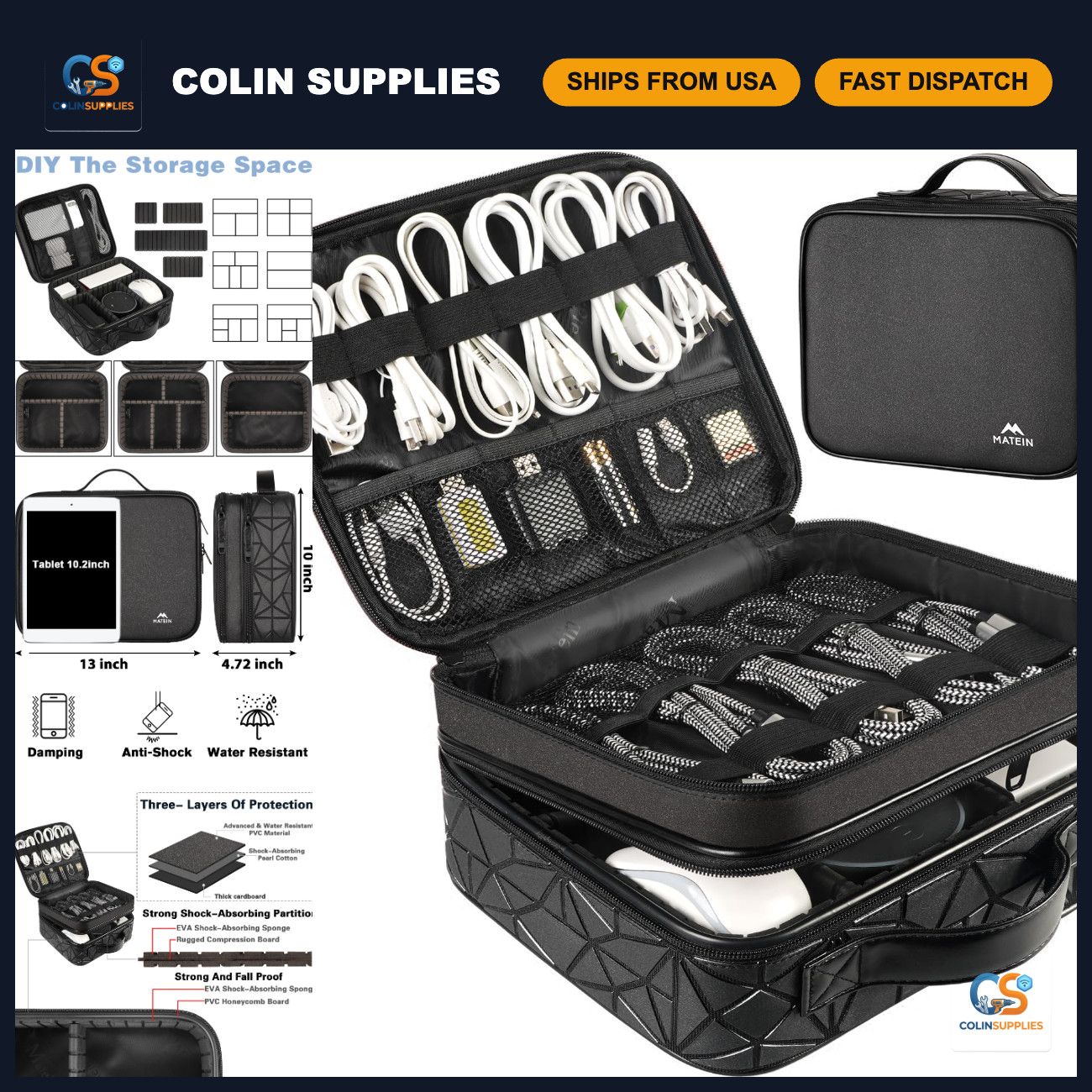 Large DJ Cable Organizer Case with Adjustable Dividers, Travel Storage Bag for C