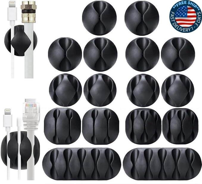 Clips para cables, paquete de 16 soportes para cables autoadhesivos negros cable