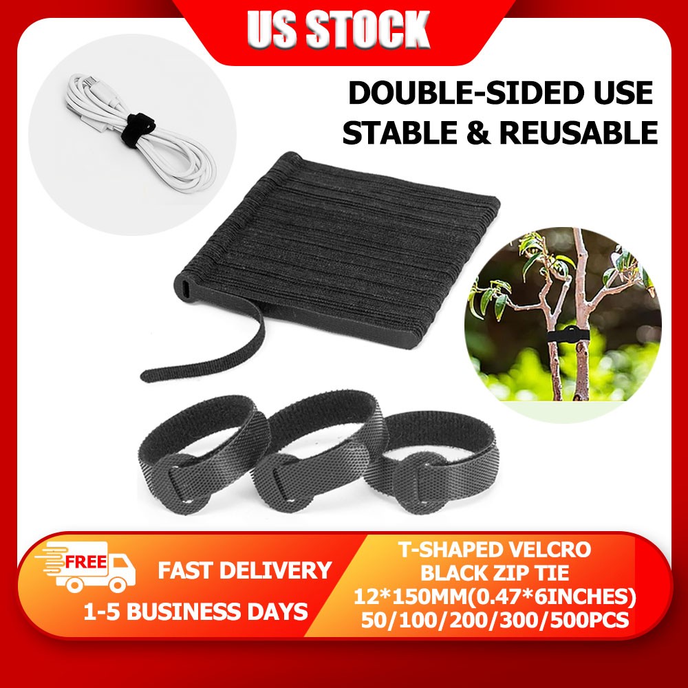 Black T-Type Cable Straps 12x150mm Strong Adhesive Hook Loop Wire Cord Organizer