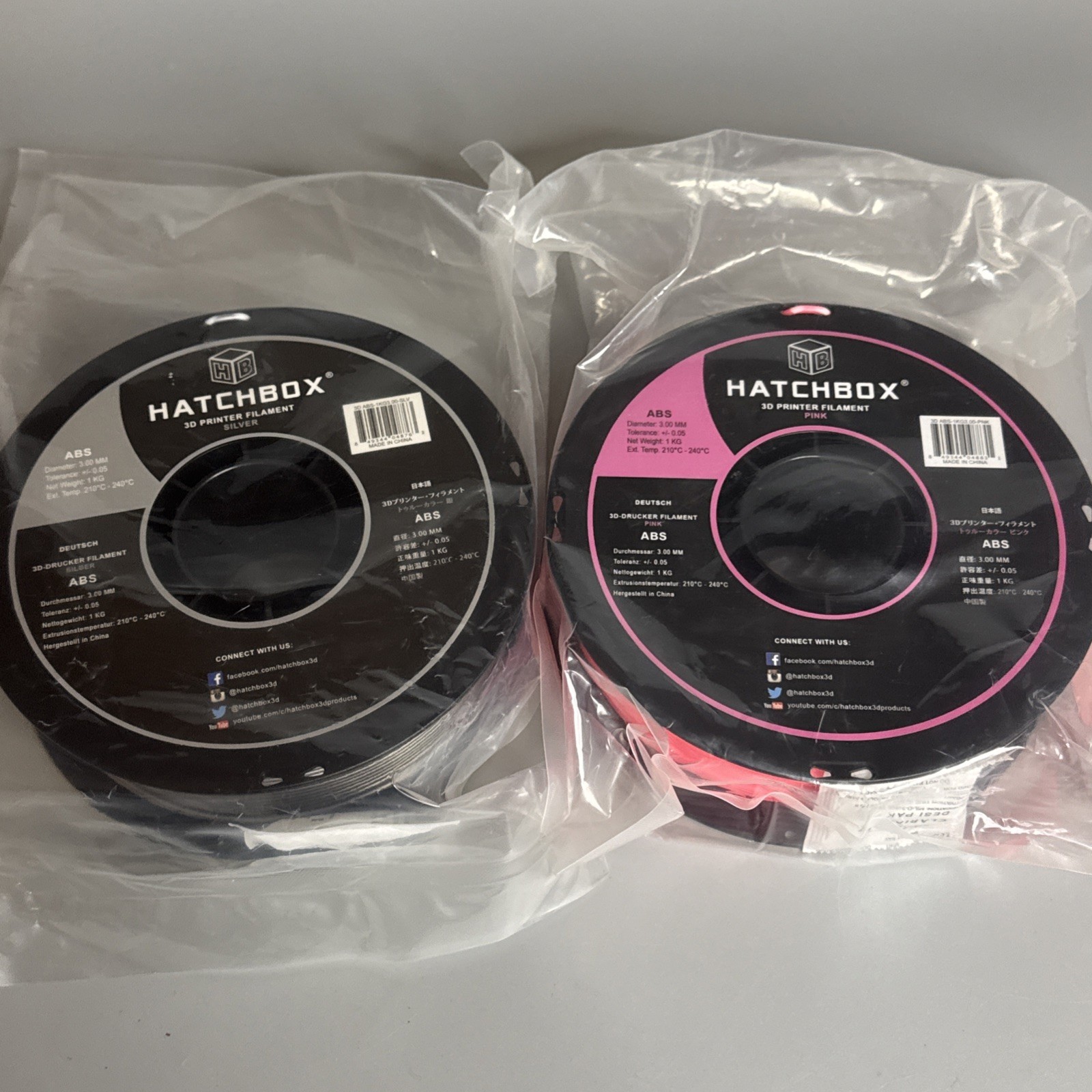 Lot 2 - 1 KG Spools Hatchbox 3mm ABS 3D printer fillament Pink and Silver