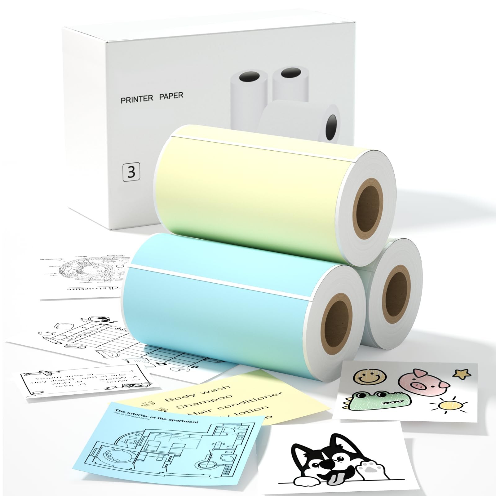 S1 S2 M02 T02 Mini Thermal Sticker Paper - 3 Rolls (White Blue Yellow 57x29mm...