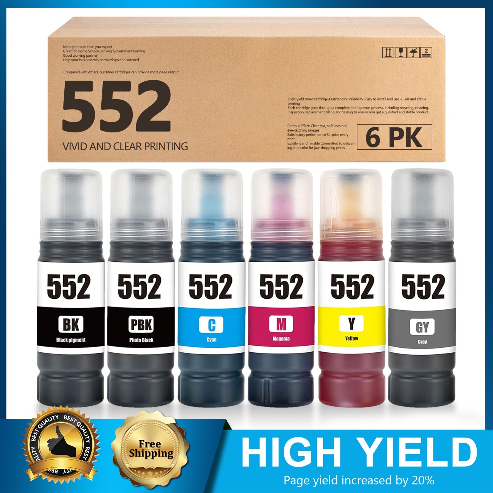 T552 6-Pack Ink Bottles(BK/PBK/C/M/Y/GY)for Epson EcoTank ET-8500 ET-8550