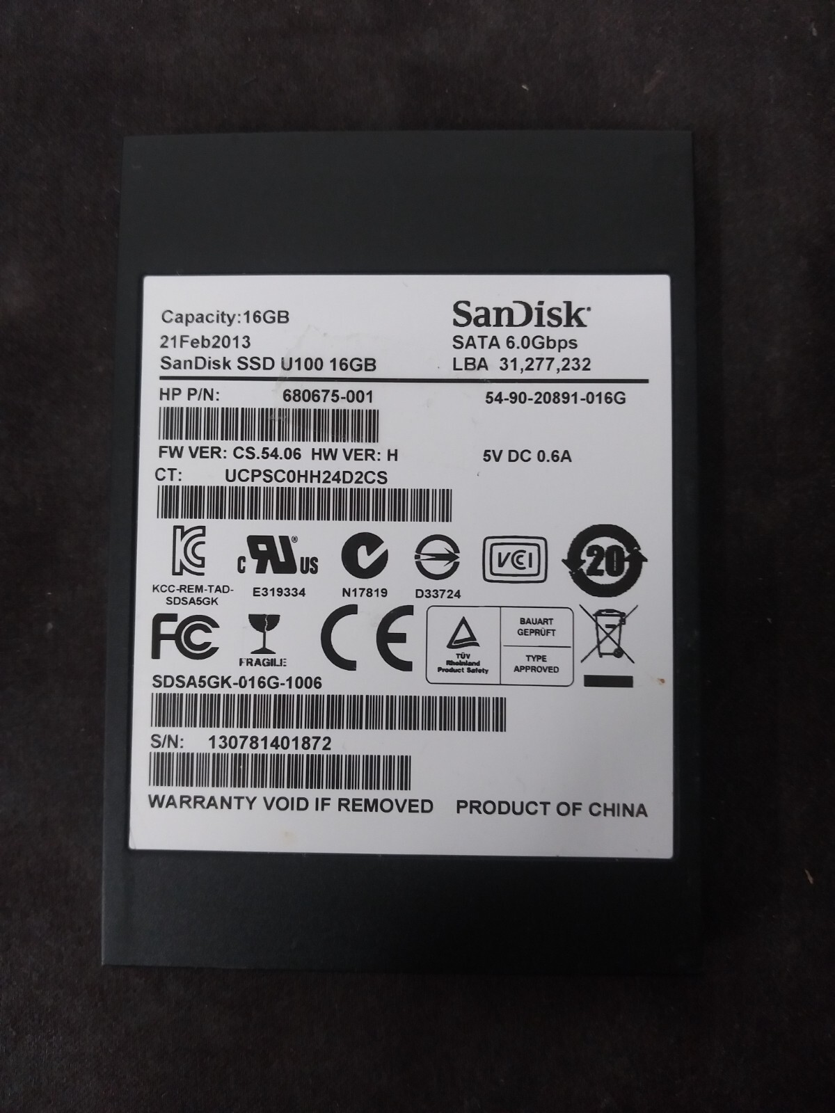 SanDisk U100 16GB Solid State Drive SATA 2.5" HP P/N 680675-001/688328-001