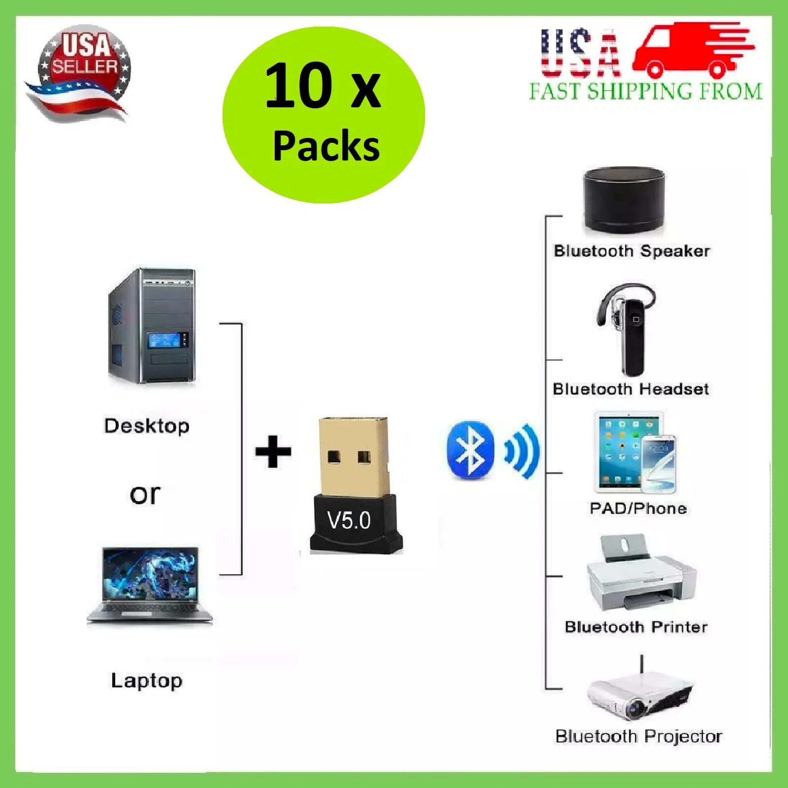 LOT 10 Mini USB Bluetooth Adapter CSR Dual Mode Receiver Windows 10/8/7/XP V5.0