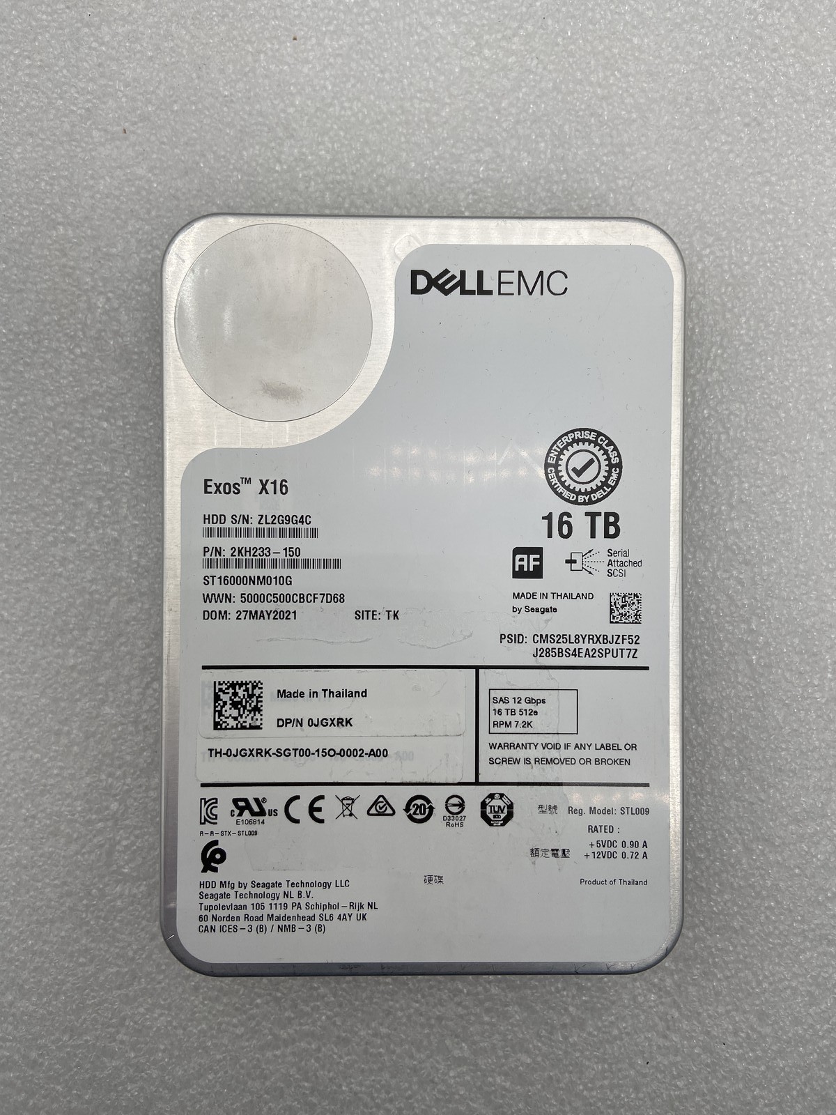 DELL EMC Exos X16 16TB 3.5” SAS 12G 7.2K HDD 0JGXRK ST16000NM010G 2KH233-150