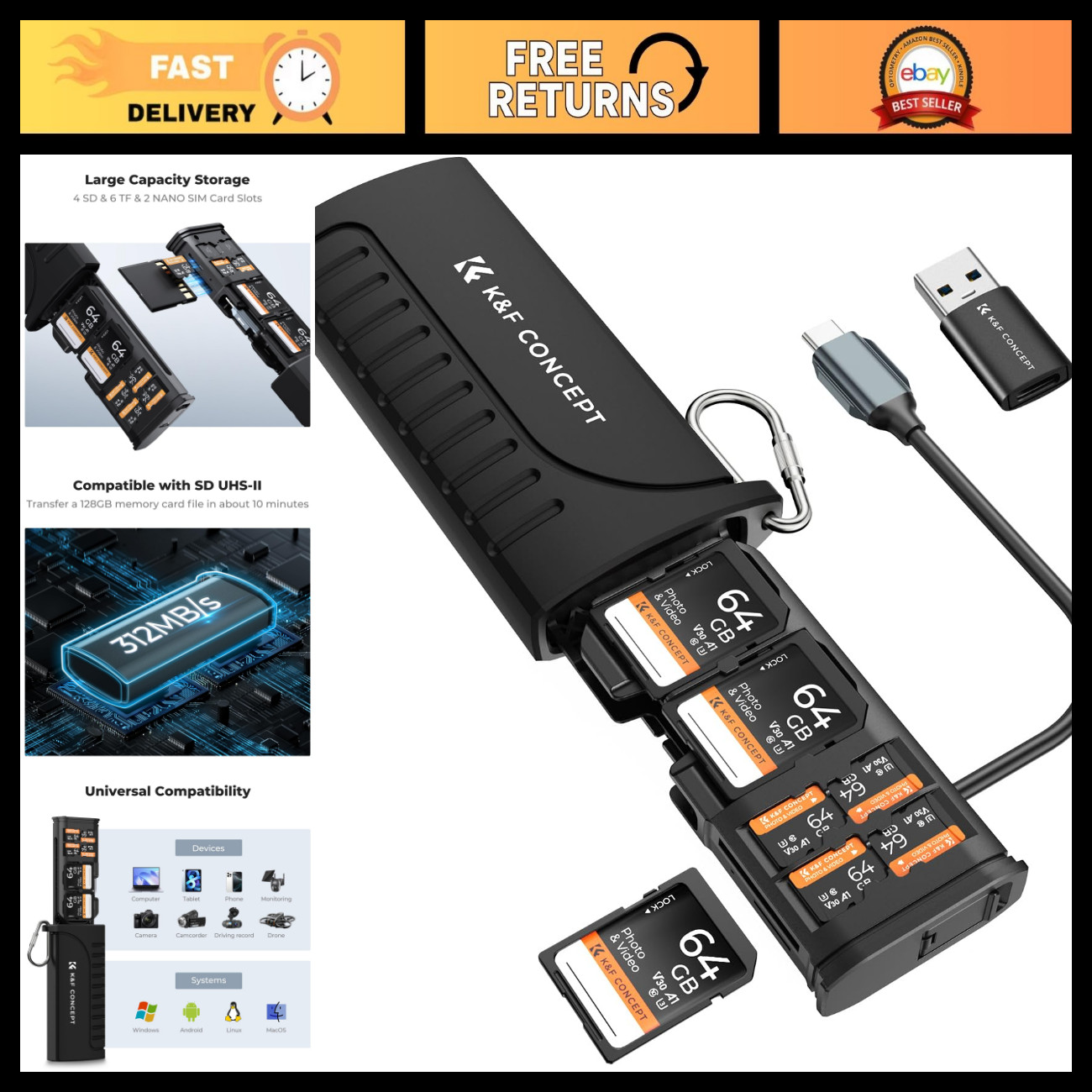 2-in-1 SD Card Reader Adapter, UHS-II SD 4.0, Micro SD & USB 3.1 High-Speed Tran