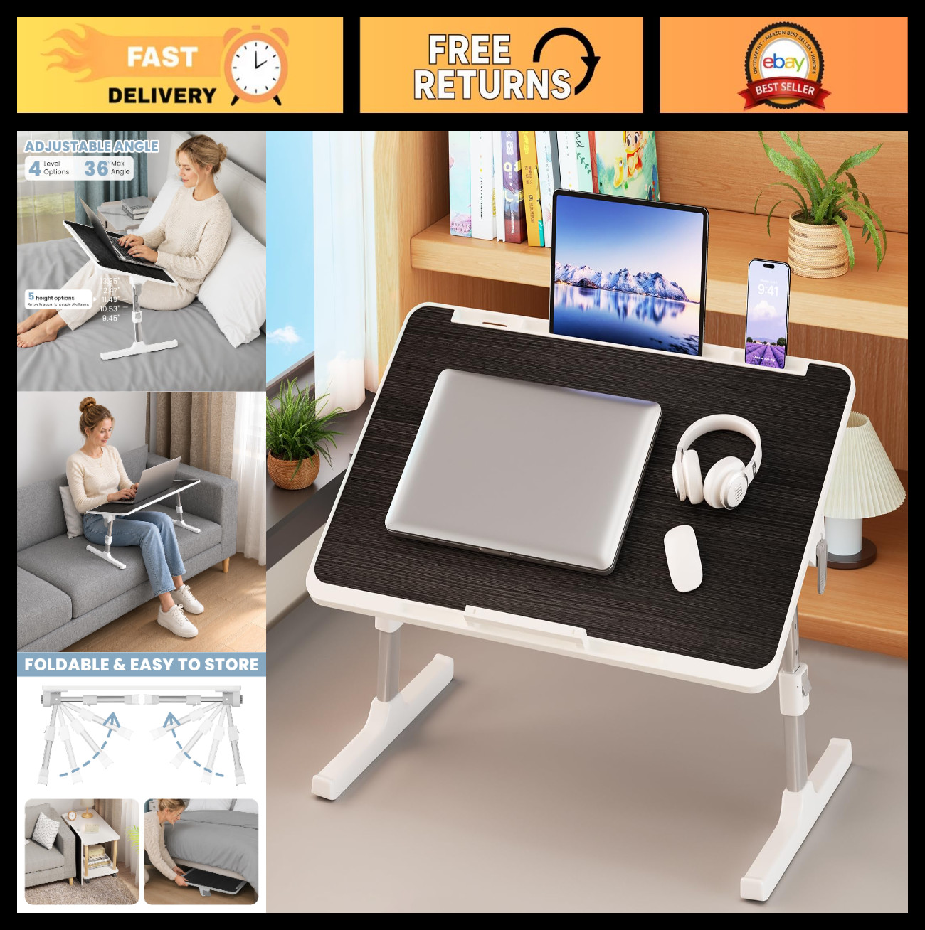 Adjustable Foldable Lap Desk for Bed - X-Large Portable Laptop Table