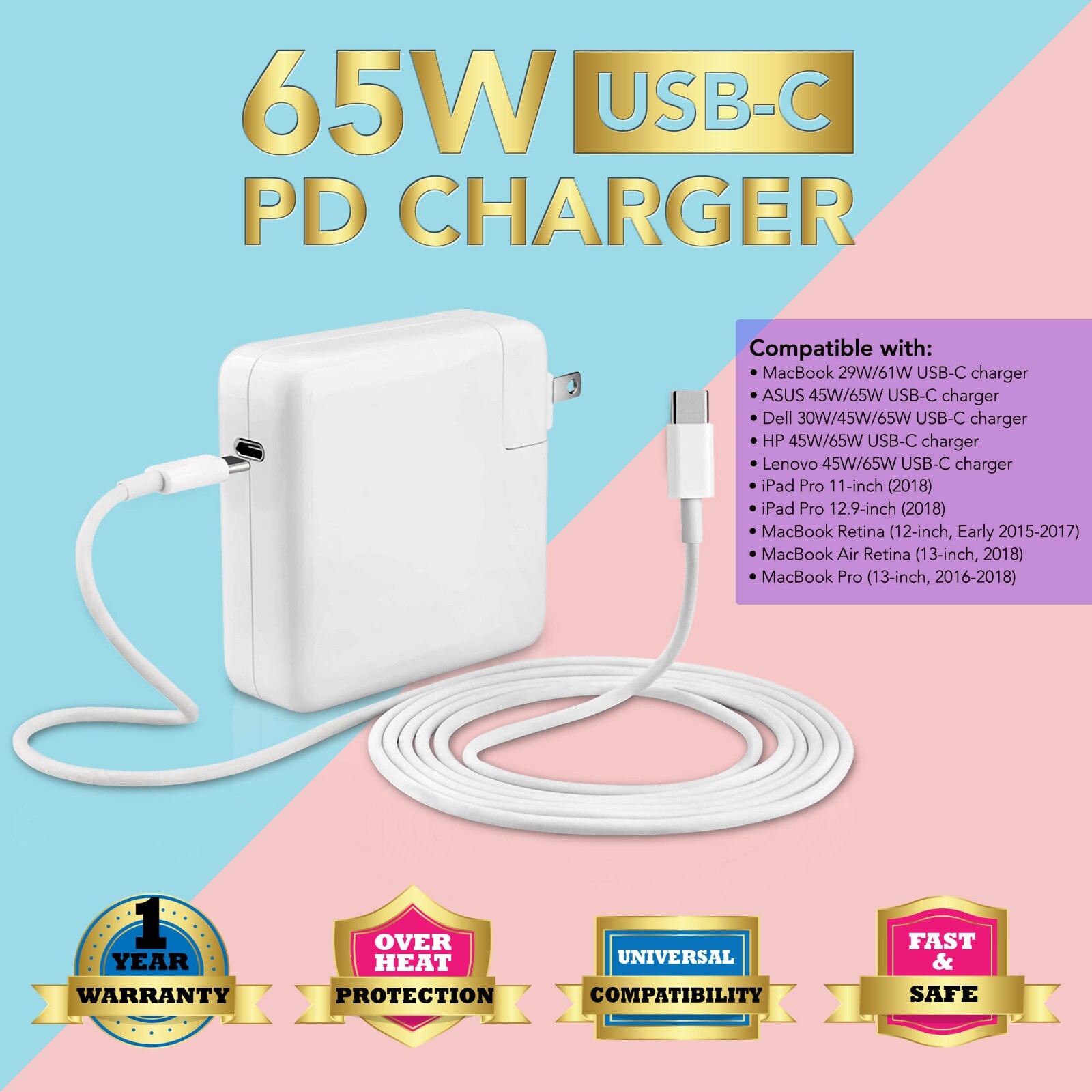 USB-C Charger Power Adapter for MacBook Pro Air 13" 15" M1 2015-2020 M2 2022-23
