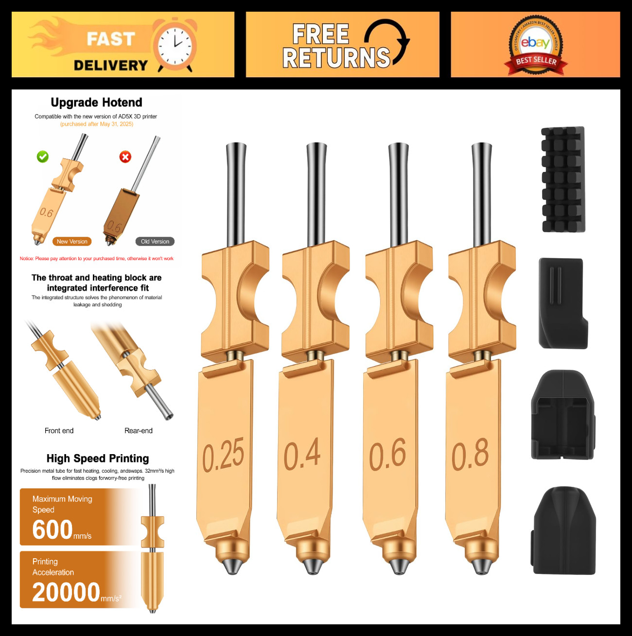 4PK Hotend Kit for 3D Printers, Quick-Detachable Nozzle, Rapid Heating, Silicone