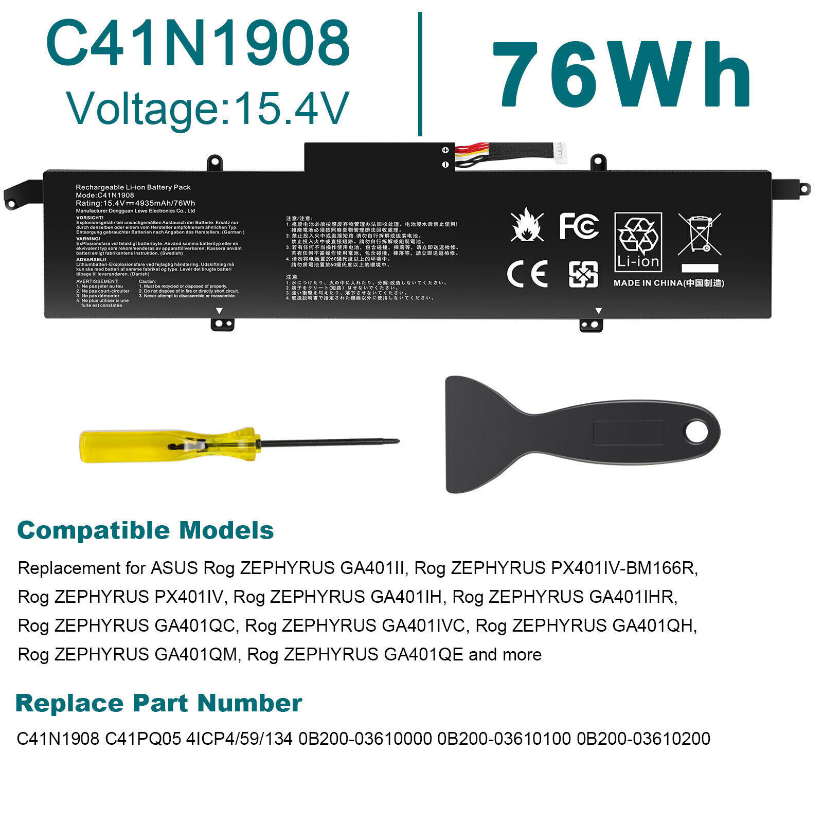 76WH C41N1908 Battery For ASUS ROG Zephyrus G14 GA401 GA401I GA401IH GA401QM NEW