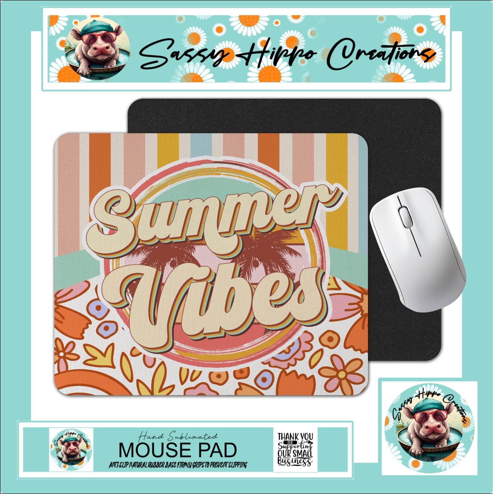 Mouse Pad Retro Summer Vibes Flower Stripes Anti Slip Back Easy Clean Sublimated