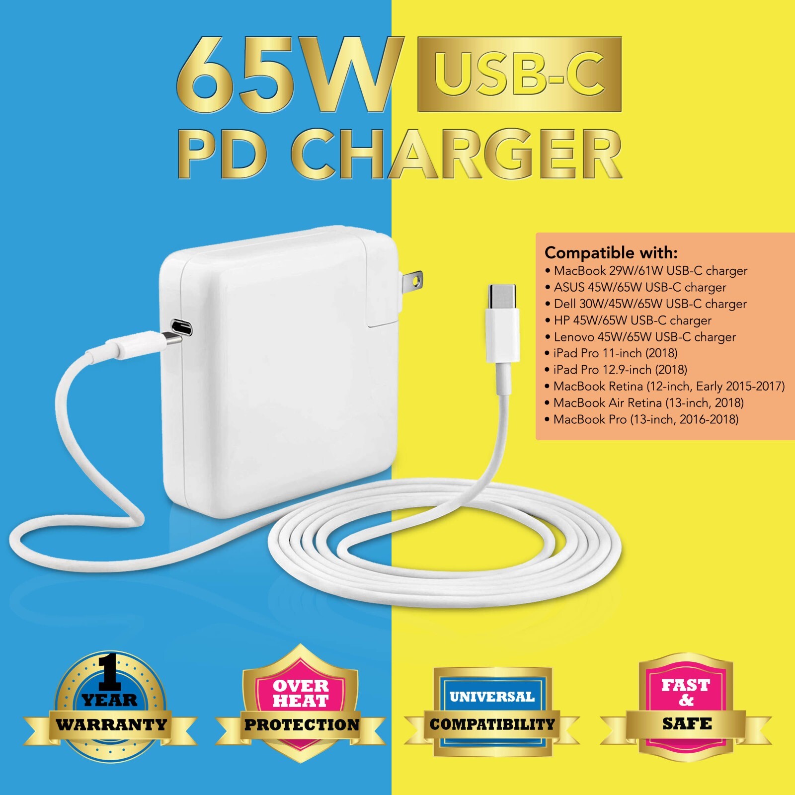 65W Type C USB C AC Adapter Charger for MacBook Pro 13" 2016 2017 2018 A1708