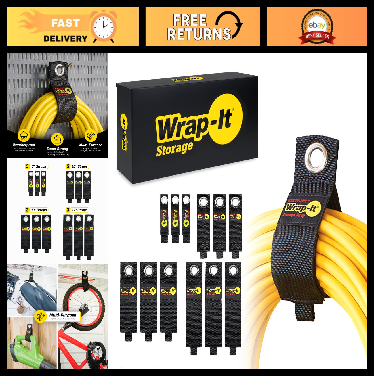 Heavy-Duty Storage Straps 12 Pack | Cable Management Organizer for Garage, RV &