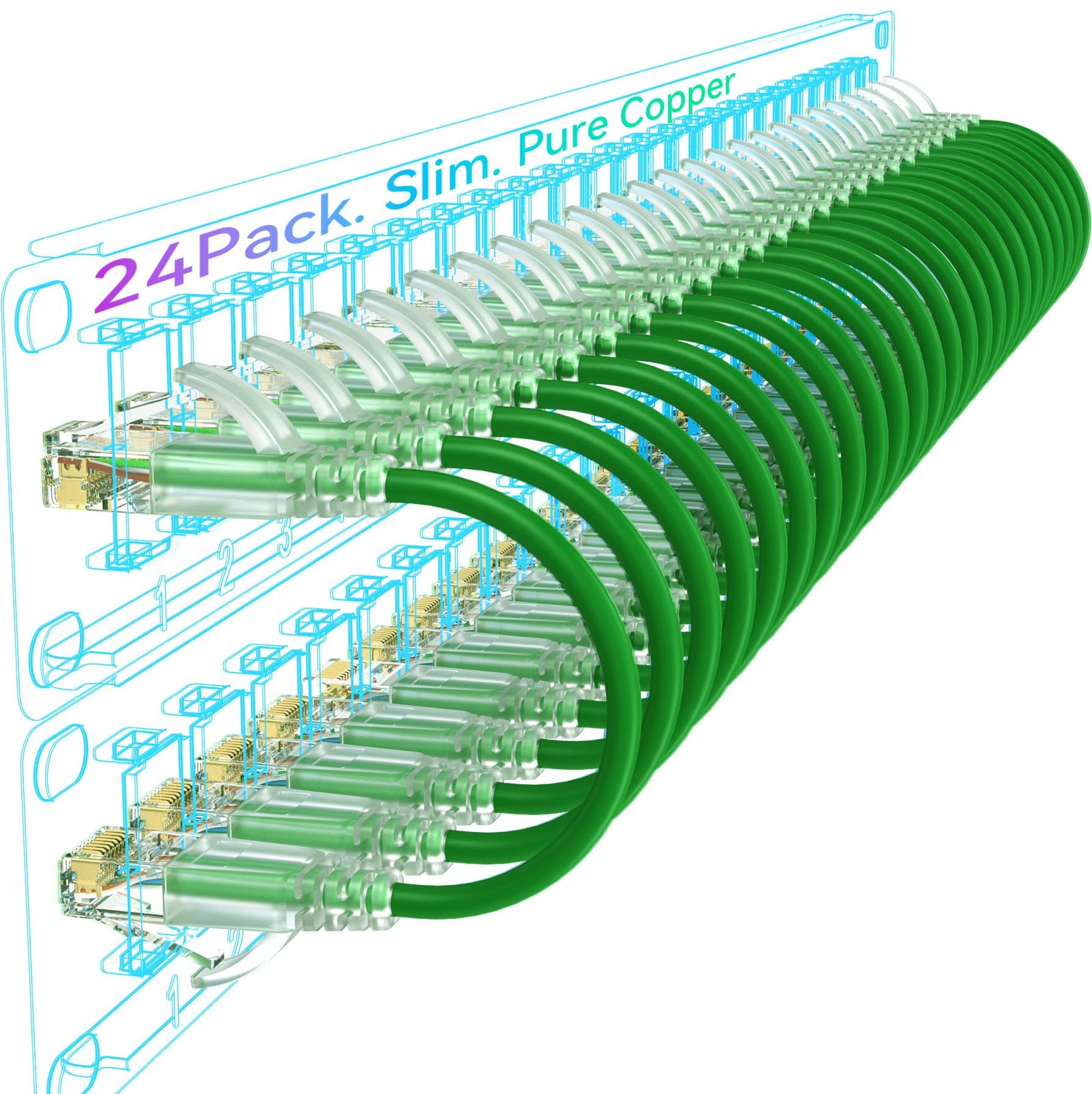 Sokqovt Cat6a Slim 6ft (24 Pack) Ethernet Patch Cable - 10G 550MHZ, 28AWG Pure
