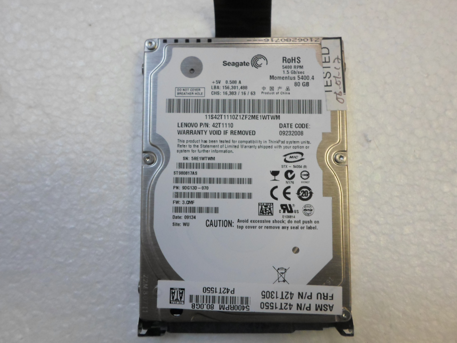 Seagate ST980817AS 9dg13d-070 80GB 5400 RPM SATA Laptop HDD 2,5" 42T1305