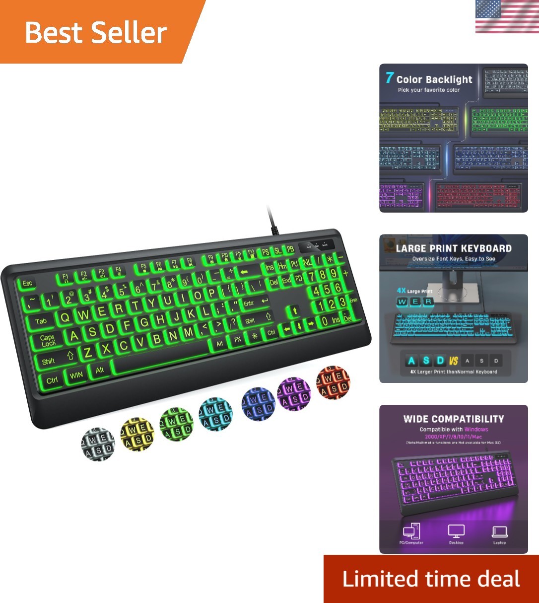 Large Print Keyboard - 7 Interchangeable Backlight Colors, Light Up USB Wired...