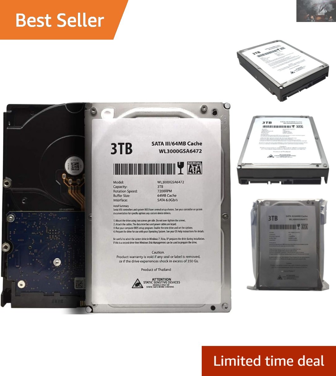 WL 3TB 7200RPM SATA III Internal Hard Drive - Reliable Data Storage Solution