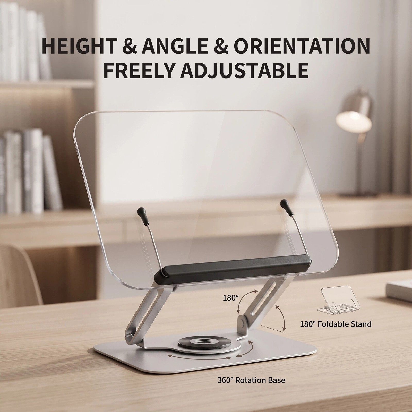 1Pcs Acrylic Reading Stand 360 Rotation Adjustable Book Tablet Holder Silver