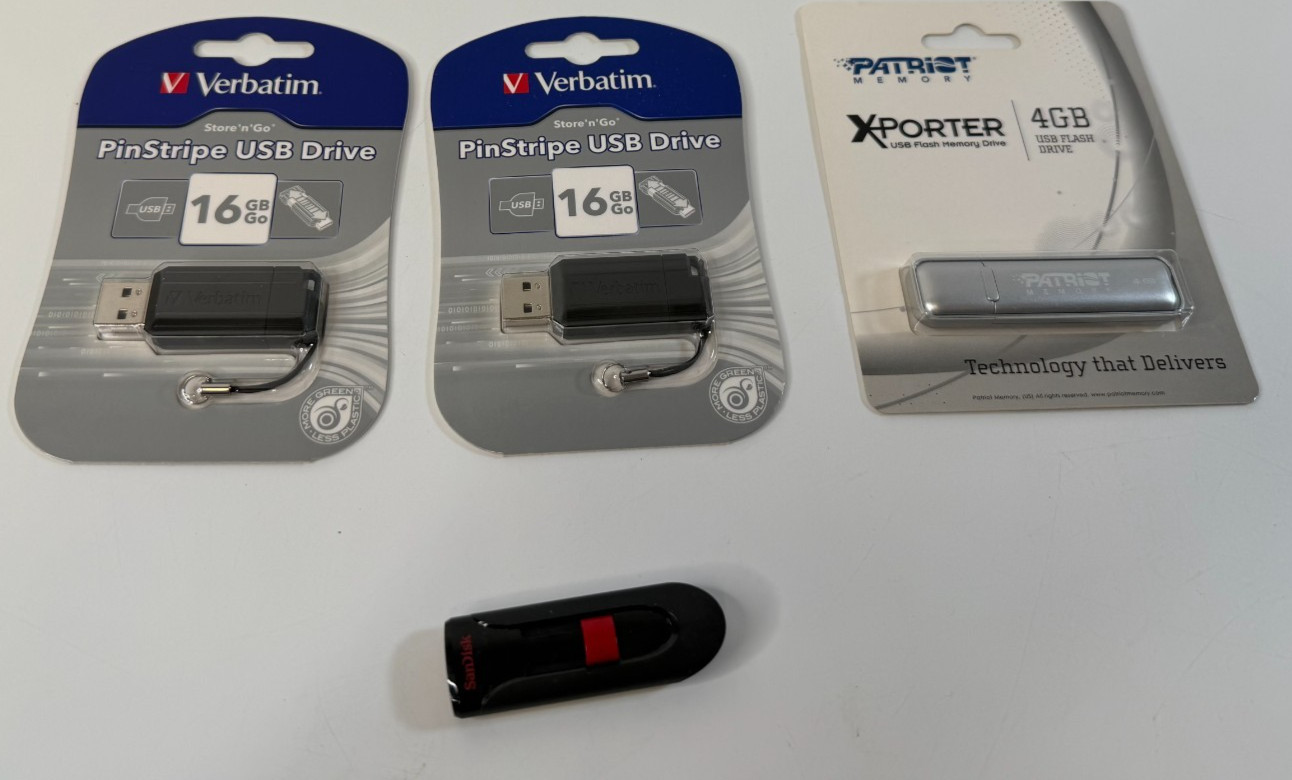 Lot 4 USB Flash Drives - 2-Verbatim PinStripe 16G - Xporter 4GB - SanDisk 16GB