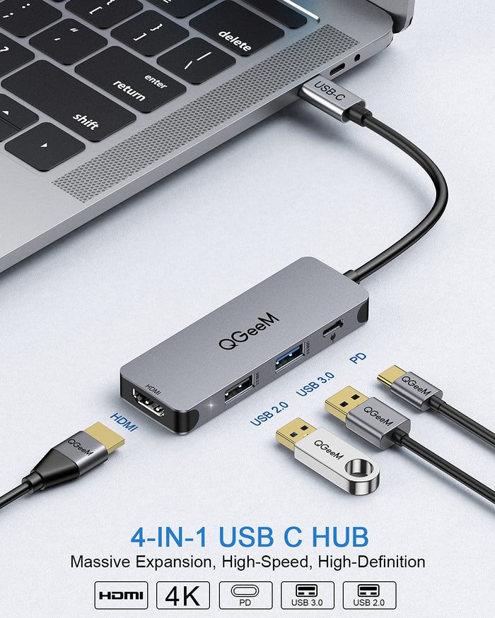 QGEEM USB C HUB, QGEEM 4-IN-1 USB C TO HDMI ADAPTER WITH 4K@30HZ,100W -  GRAY