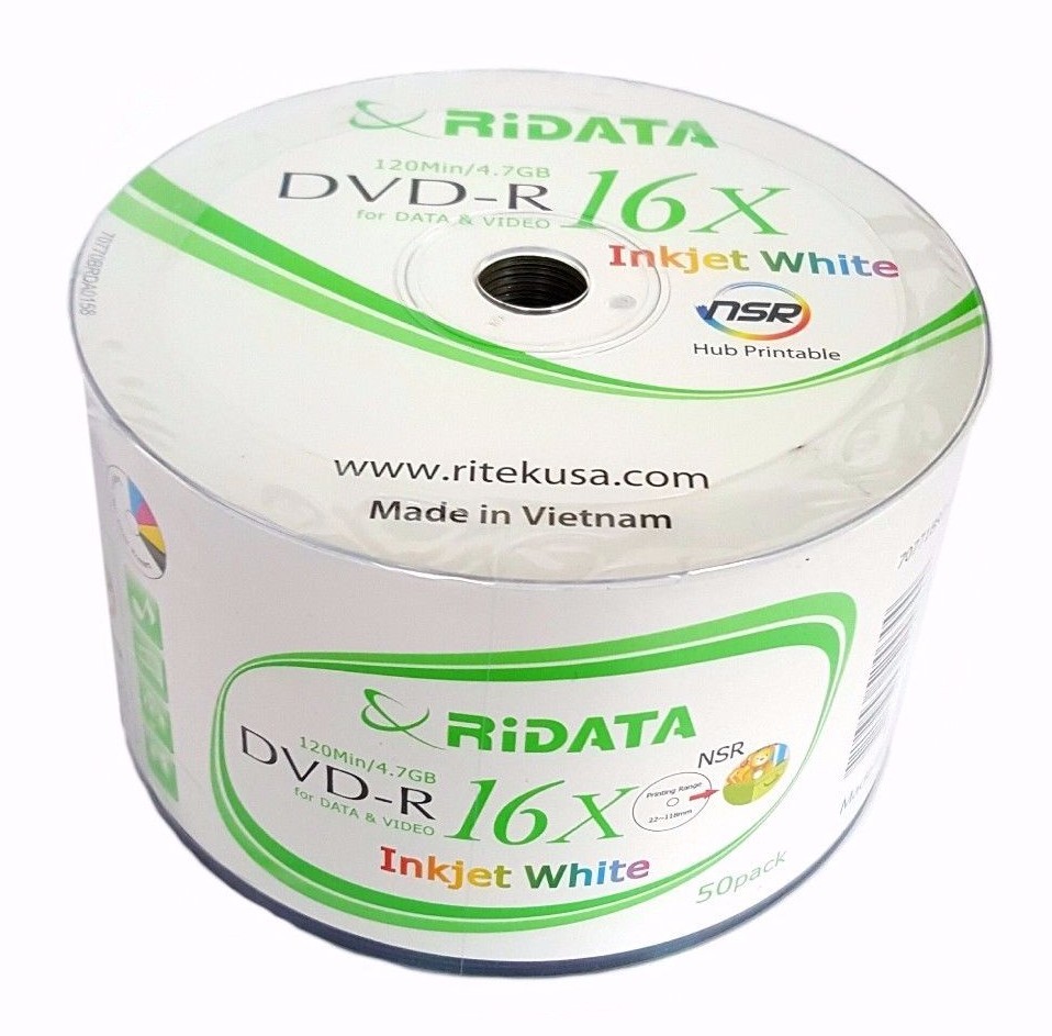 200 RIDATA 16X Blank DVD-R DVDR White Inkjet Hub Printable 4.7GB Recordable Disc