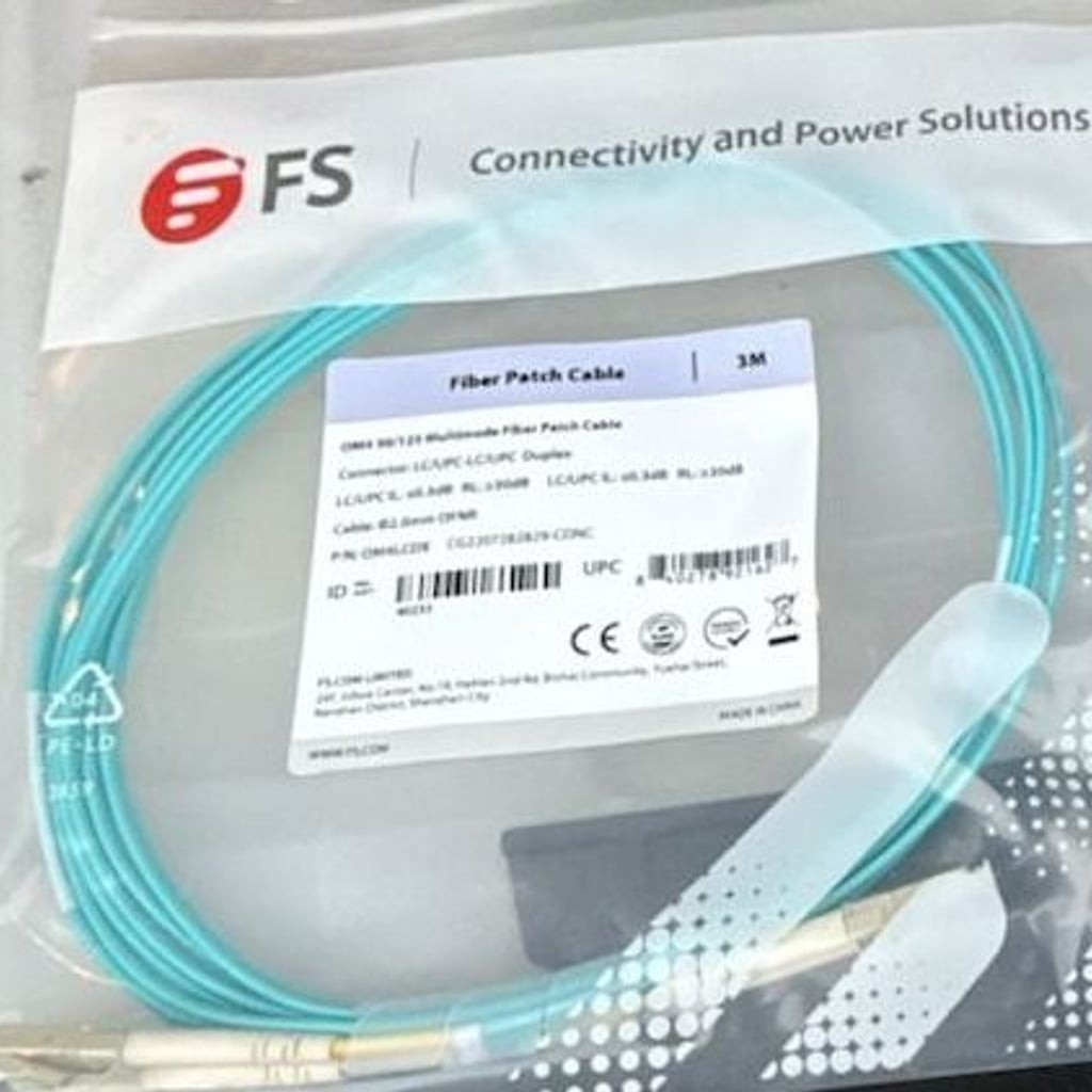 FS OM4 50/125 Multimode Fiber Patch Cable, LC/UPC to LC/UPC Duplex, 3M, Aqua