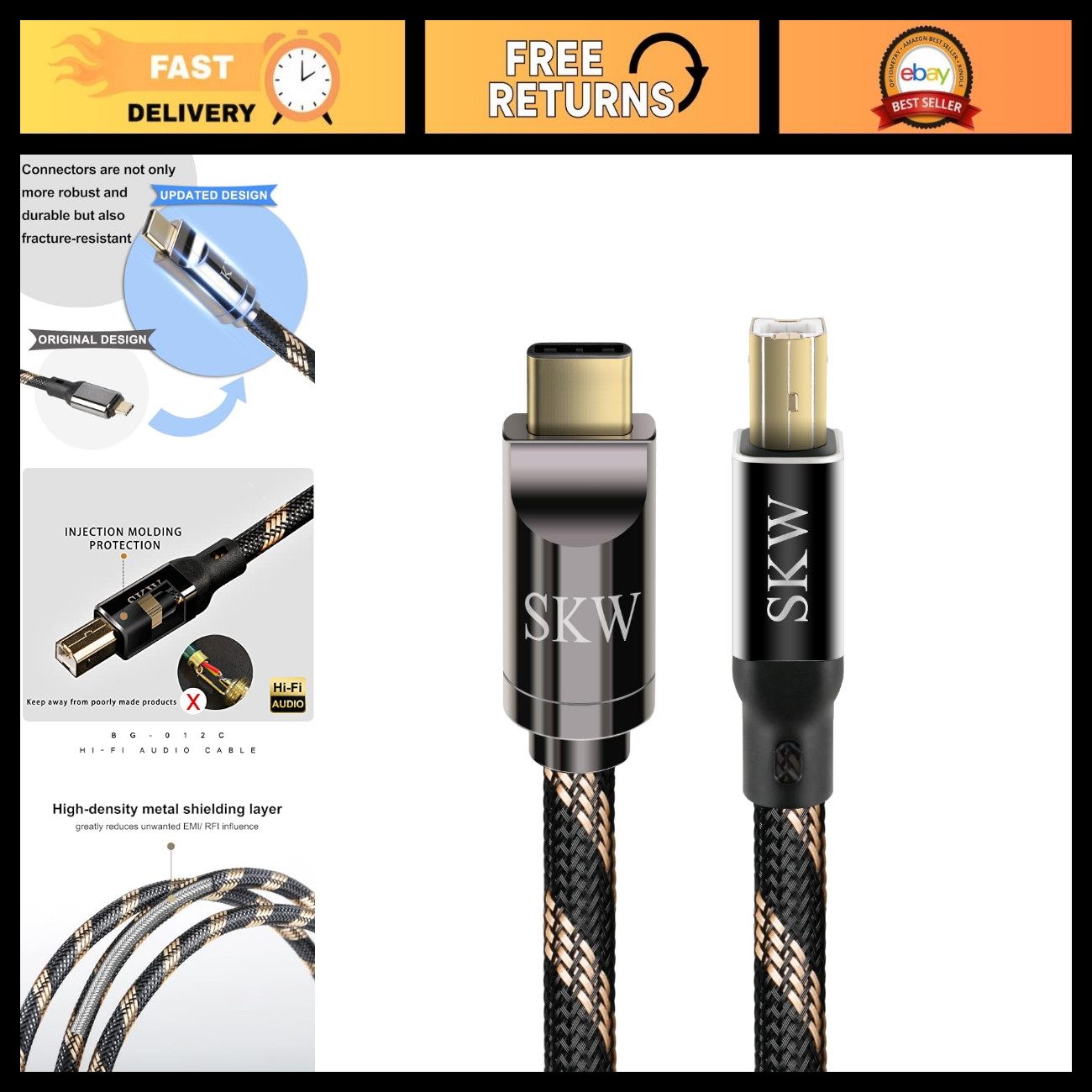 3.2ft USB C to USB B DAC Decoder Cable - High-Quality Audio, Double Shielded