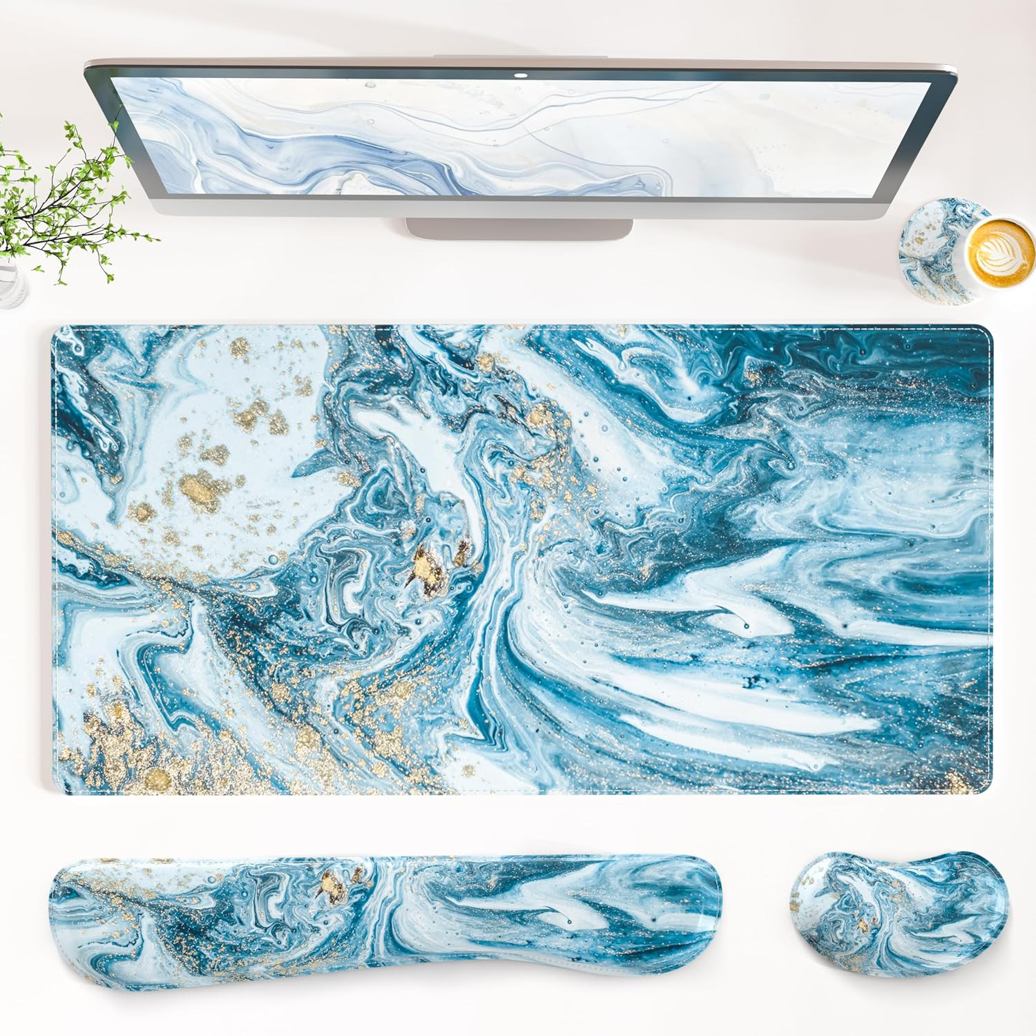 PU Leather Desk Mat Set, 4-In-1 Ergonomic Wrist Rest, Blue Marble