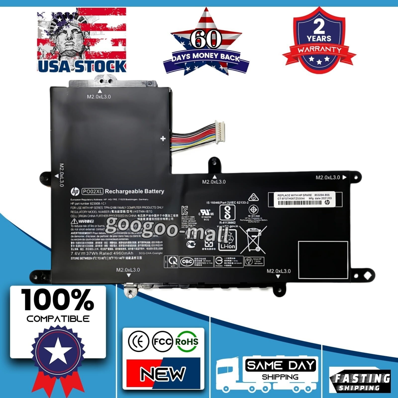 Genuine PO02XL HSTNN-DB7G Battery for HP Stream 11-R 11-Y 823908-1C1 824560-005
