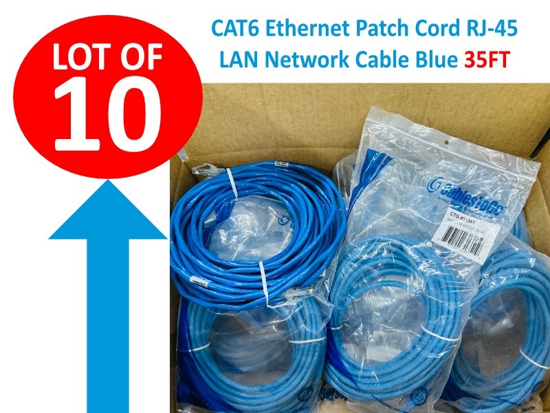 Lot of 10 🔥 ✅ CAT6 Ethernet Patch Cord 35FT, RJ-45 LAN Network Cable Blue