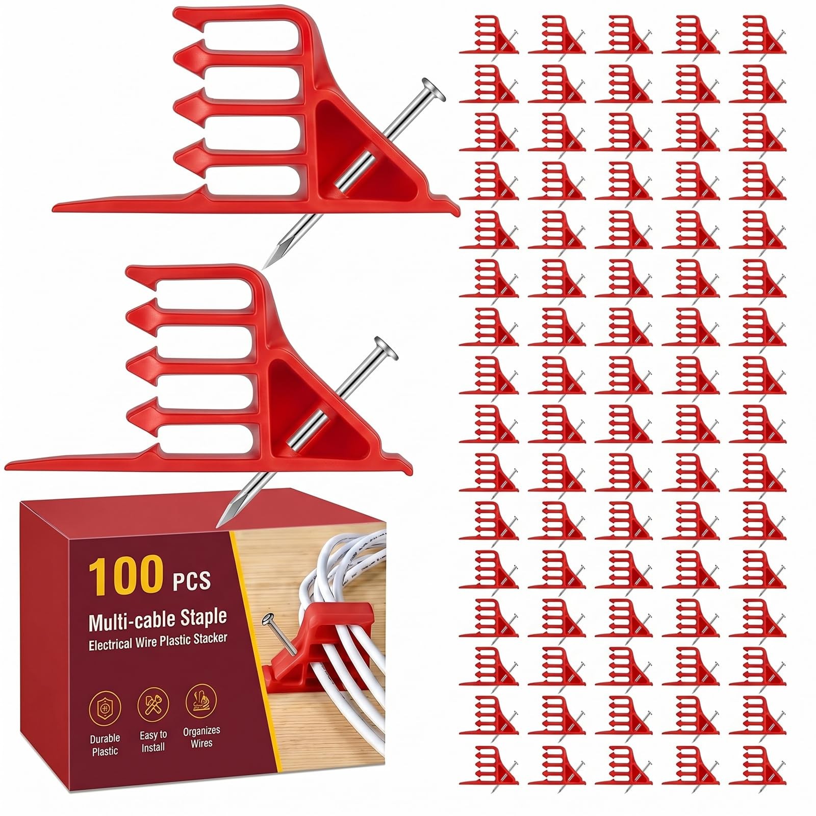 100 PCS MultiCable Staple Electrical Wire Plastic Stacker Red Organizer