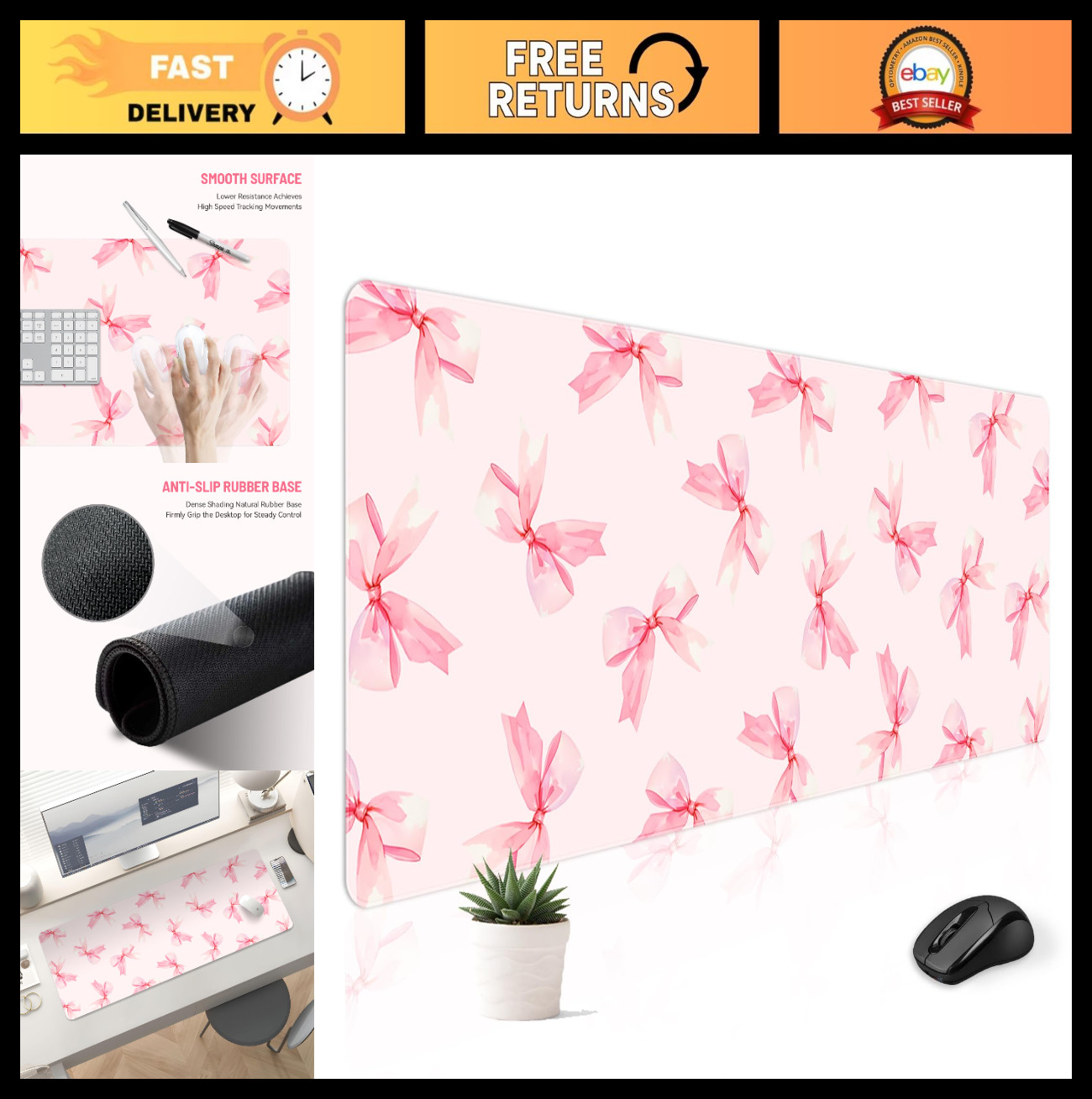 Large Gaming Mousepad Desk Mat XXL 30x12" Cute Aesthetic Office Desktop, Pink Bo