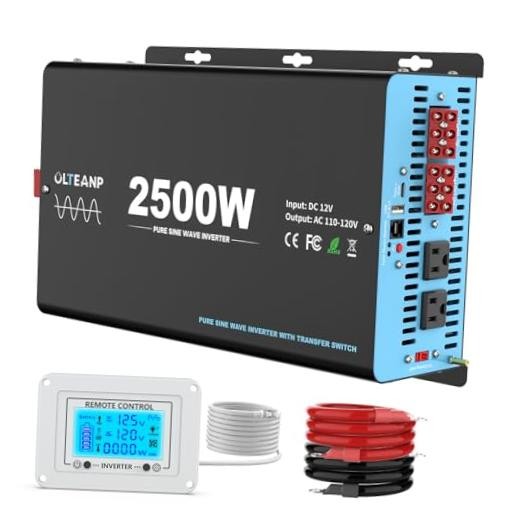 2500W Pure Sine Wave Power Inverter with Transfer Switch, 12V DC to 120V AC