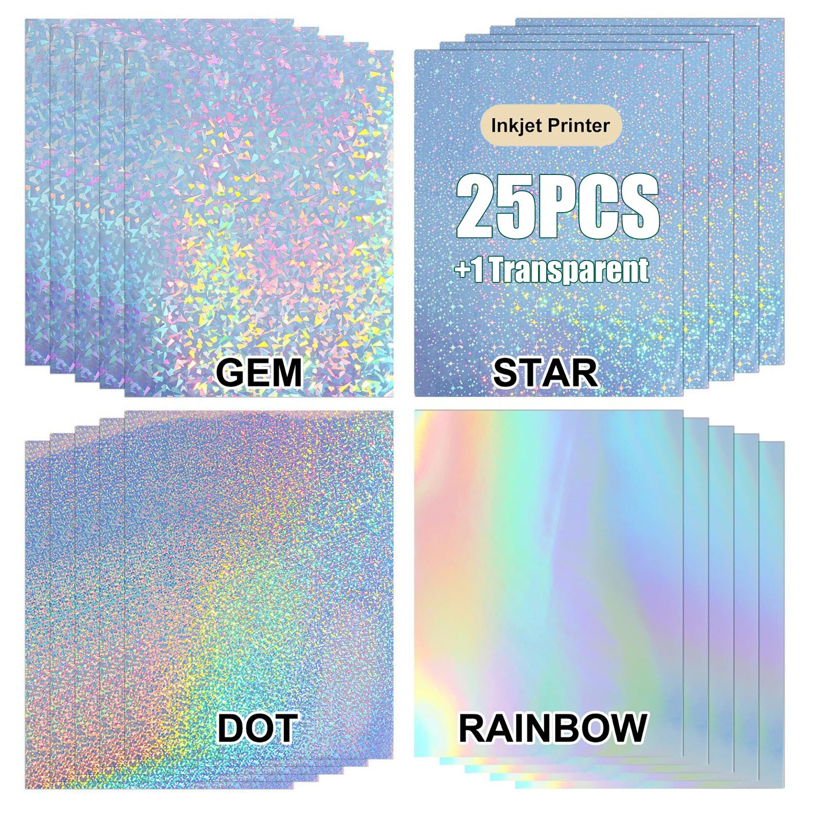 25PCS Holographic Vinyl Sticker Paper Printable Glossy Self Adhesive for Inkjet
