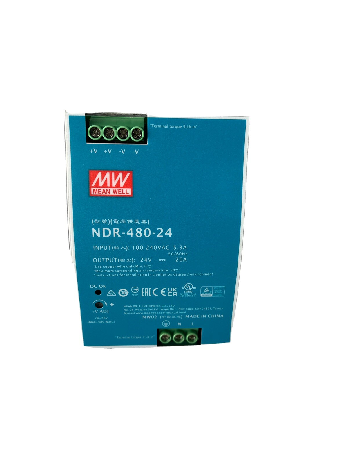 The new NDR-480-24 is suitable for MEAN WELL power supply 24V 20A 480W