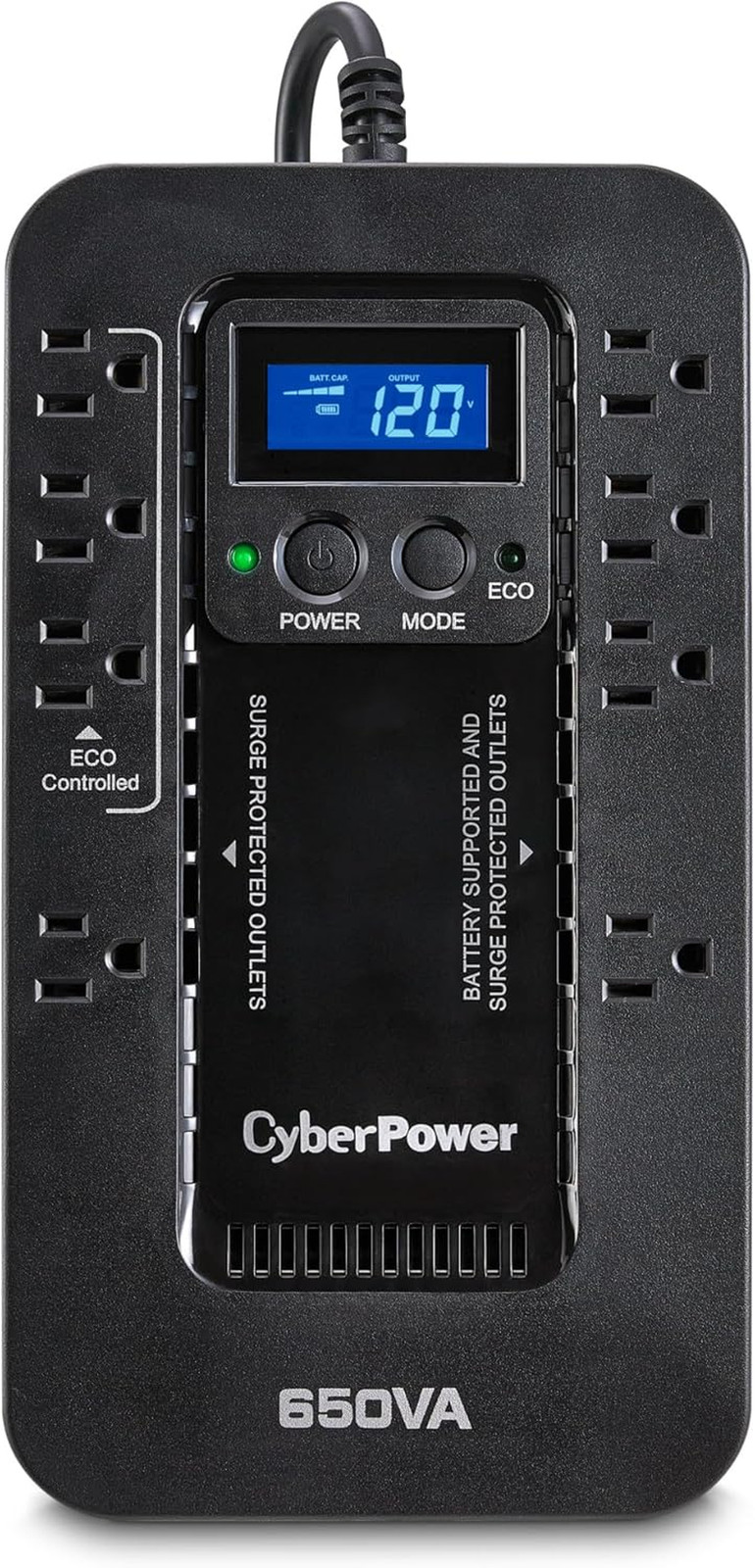 EC650LCD Ecologic Battery Backup & Surge Protector UPS System, 650VA/390W, 8 Ou