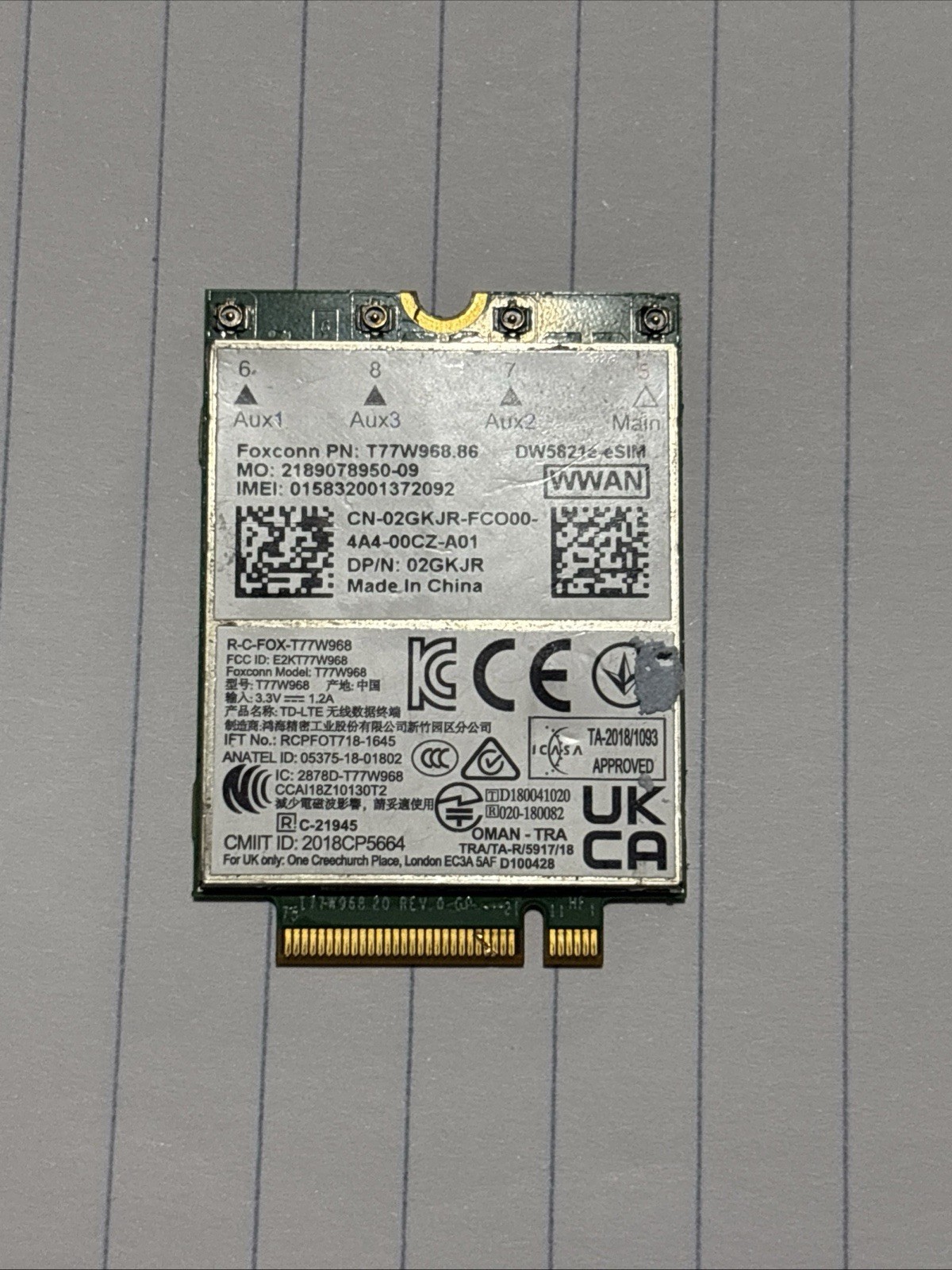 OEM Dell X20 4G LTE Card DW5821e-eSIM FOXconn T77w968 - 2GKJR 02GKJR