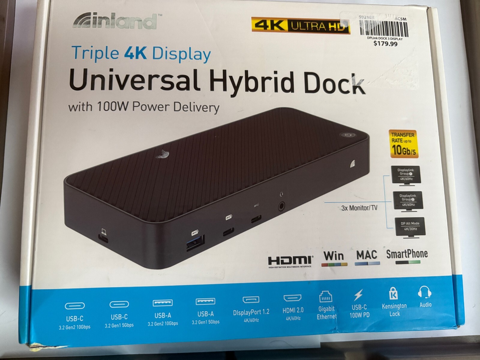 Inland Triple 4K Display Universal Hybrid Dock with 100W Power Delivery