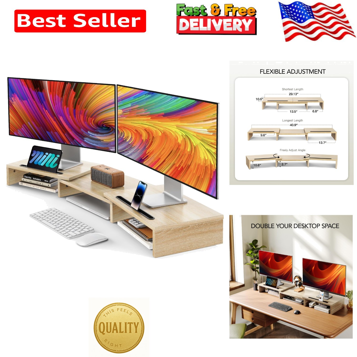 Versatile 3-Tier Monitor Riser with Adjustable Height and Angles - Light Wood
