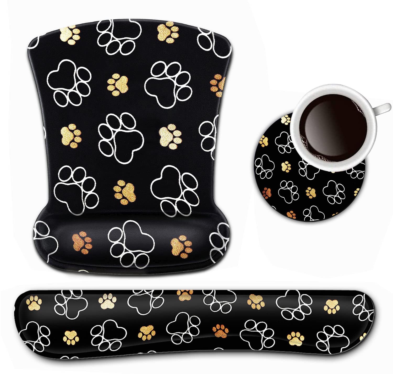 Keyboard Wrist Rest and Pad Wrist Set,Cute Dog Paw Prints Gold White Ergonomi...